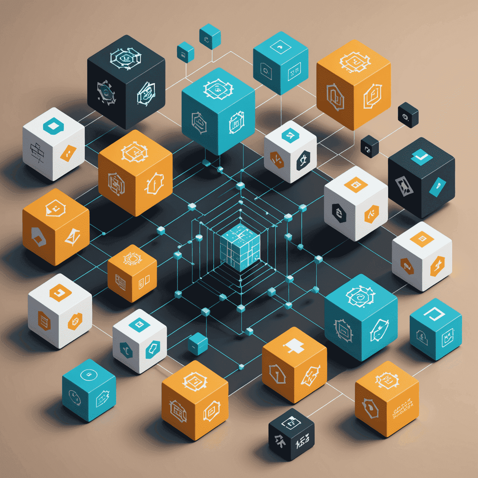 Grafikus ábrázolás a blockchain technológiáról, összekapcsolt blokkokkal és pénzügyi ikonokkal