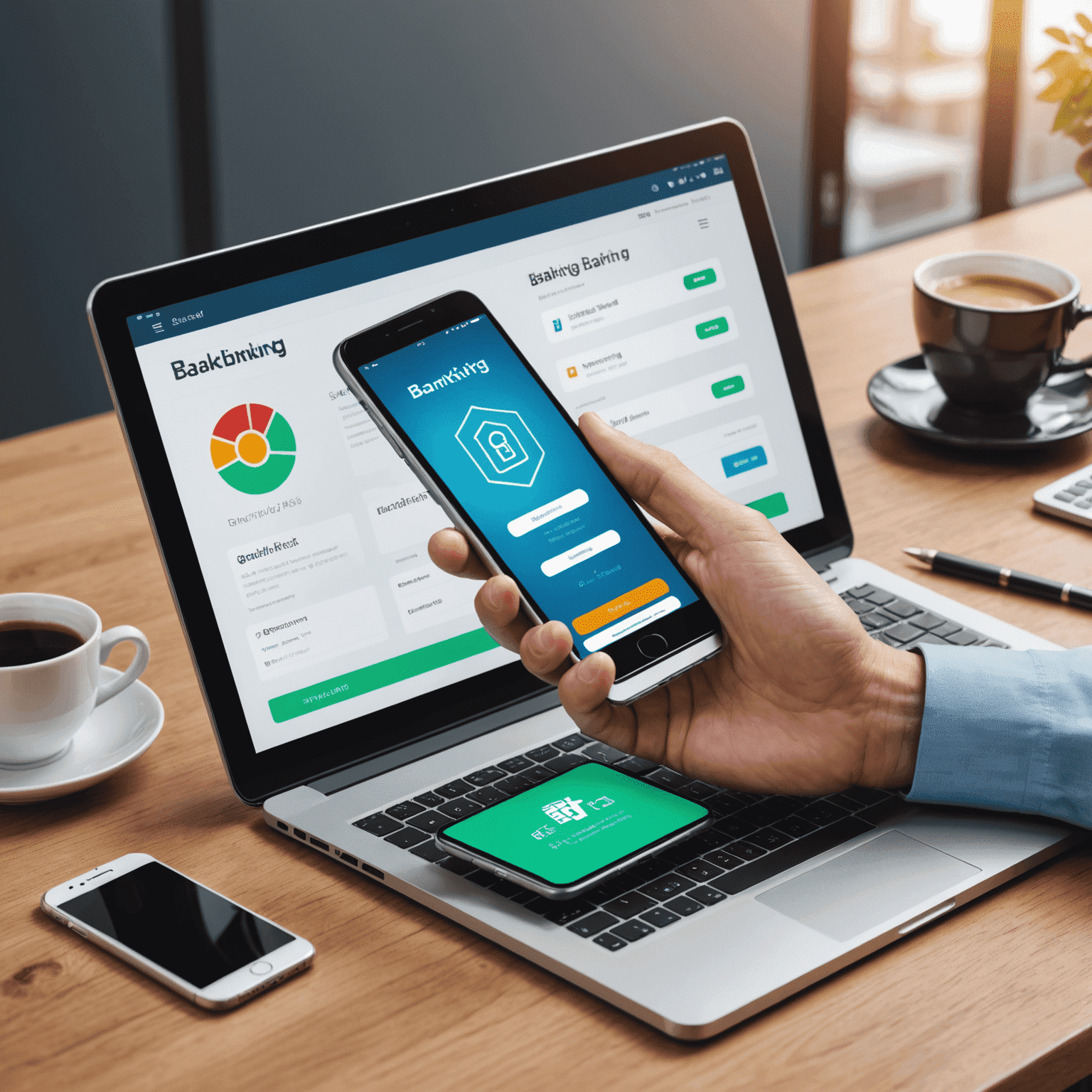 Digitális bankolás illusztrációja: okostelefon banki alkalmazással, laptop online banki felülettel, biztonsági ikonok